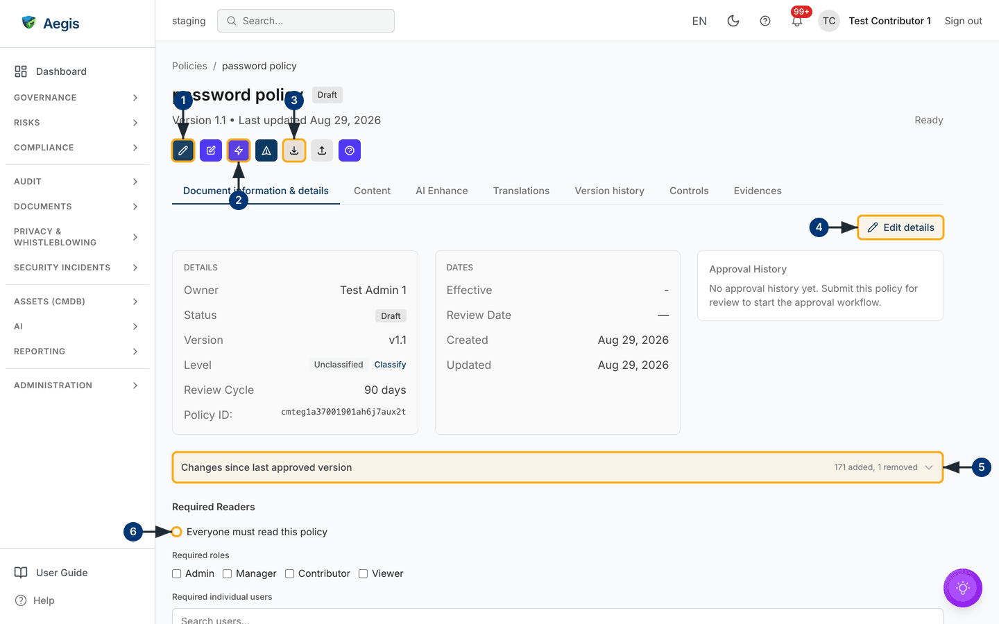 A policy's own page — the Document information & details tab carries the Required Readers and Read By sections — /policies/[id].